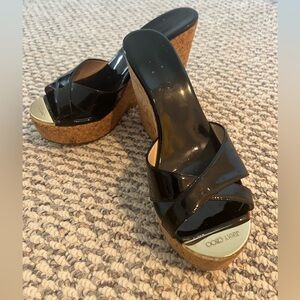 Jimmy Choo black patent wedge sandals